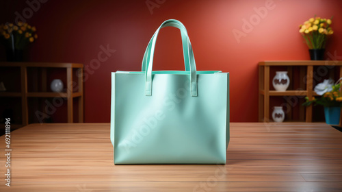 Large green color shopping bag with empty copy space.