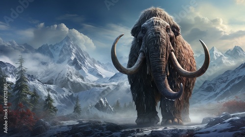Mammoth in snow. Generative AI