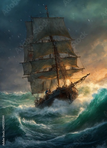 A Norwegian sailor battles snow and bad weather on a ship at sea. He pulls the ropes, the snow hits him in the face, and he laughs. It’s dark, the wind is strong, his wet hair is blowing in the wind, 