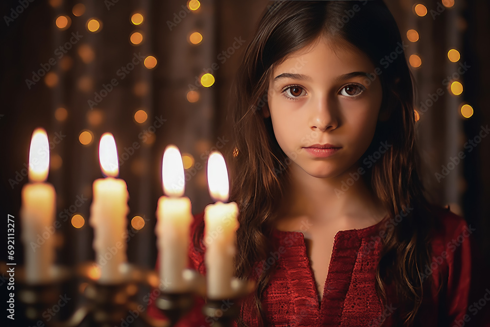 niña hebrea junto a candelabro menorah con velas encendidas, sobre fondo desenfocado decorado con luces niña hebrea junto a candelabro menorah con velas encendidas, sobre fondo desenfocado decorado con luces