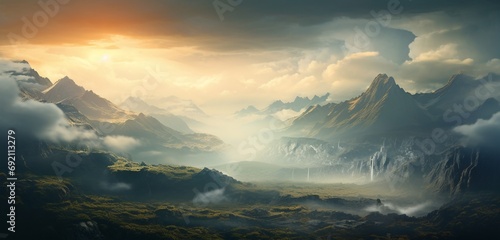 A mountainous landscape with a bokeh effect in the misty distance.