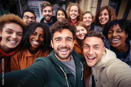 Generative AI image of diverse friends taking a group selfie photo