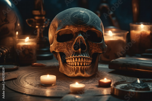 Generative AI image of a mystical esoteric altar with skull photo