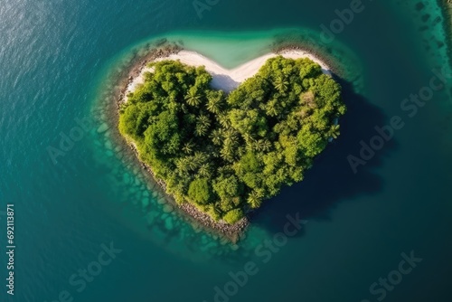 A heart-shaped island located in the middle of a body of water, surrounded by blue waves and green vegetation.
