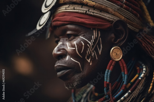 Generative AI image of an elderly African tribesman with traditional face paint and headgear, displaying cultural markings and adornments photo