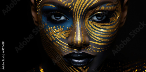 Generative AI-crafted image of a black woman with artistic golden makeup photo