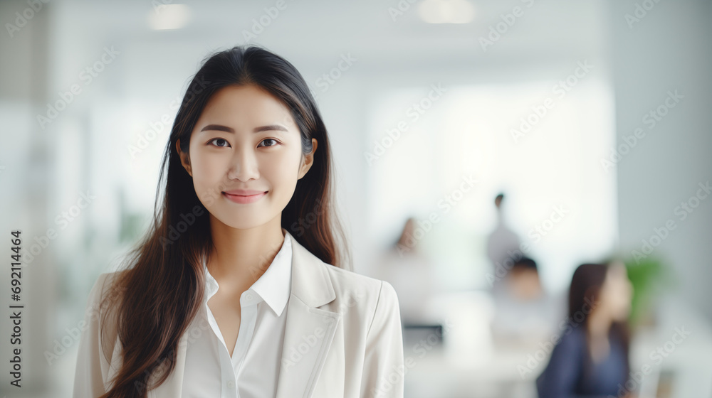 Happy smiling Asian female professional, standing in bright white office