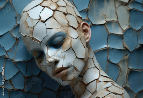 Generative AI image of cracked porcelain humanoid figure photo