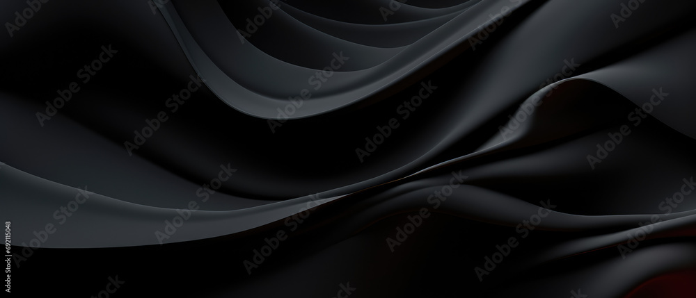 Modern abstract design with flowing black waves on dark background.	