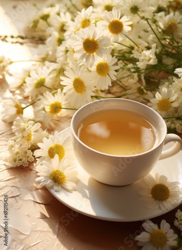 some chamomile tea and flowers