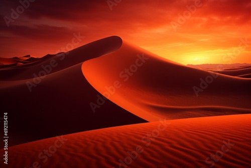 A picturesque view of a desert dune with hues of deep red and rich orange, glowing in the setting sun.