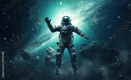 space astronaut in space with galaxy behind him and starry sky © ArtCookStudio
