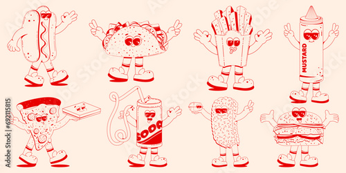 Set of fast food characters in retro linear style. Hamburger, pizza, soda, hod dog, fries. Doodle illustration in retro cartoon style.