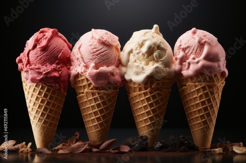 three ice cream cones in four cups