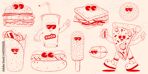 Set of fast food characters in retro linear style. Hamburger, pizza, soda, hod dog, fries. Doodle illustration in retro cartoon style.