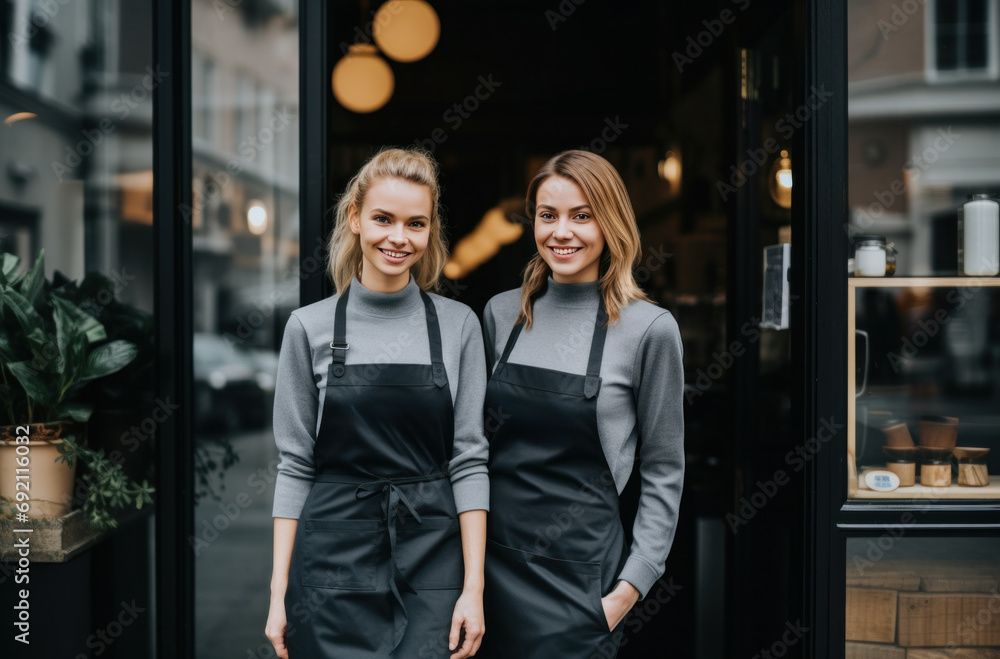 two women standing in front of a cafe