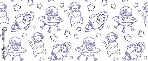 Seamless pattern with cats in space in linear style. Children's styling for fabric, wrapping paper, T-shirt print.
