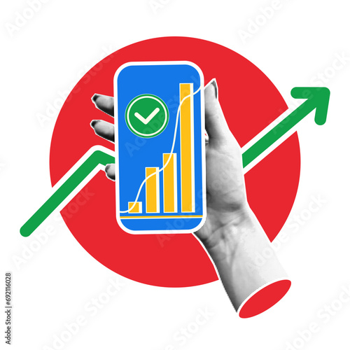 Phone in hand. Retro collage, halftone. Business and finance concept.