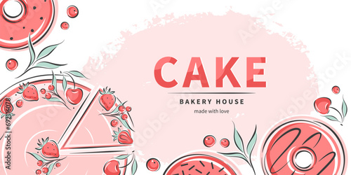 Different desserts, pastry dishes, ingredients for baking items, donuts. Vector illustration for menu, recipe book, baking shop, cafe.