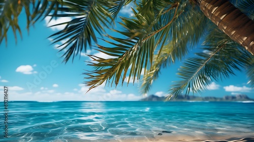 tropical paradise with turquoise sea and palm branches