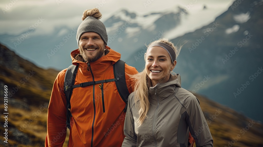 Happy couple hiking in a beautiful mountain landscape.