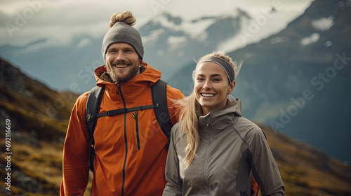 Happy couple hiking in a beautiful mountain landscape.