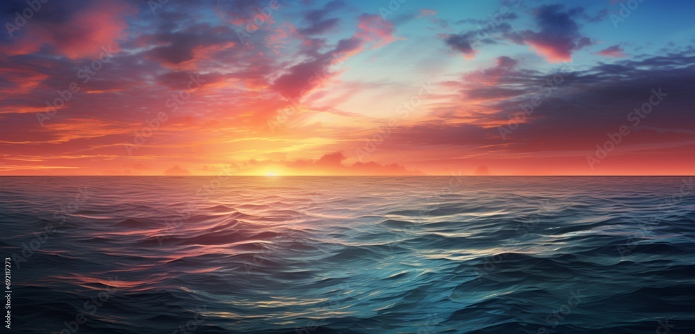 A serene ocean sunset with radial gradient colors in the sky.