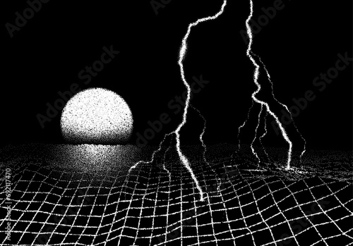 Space landscape with lightning strike in retro book style. Dotwork scene with grid terrain, and thunderbolt