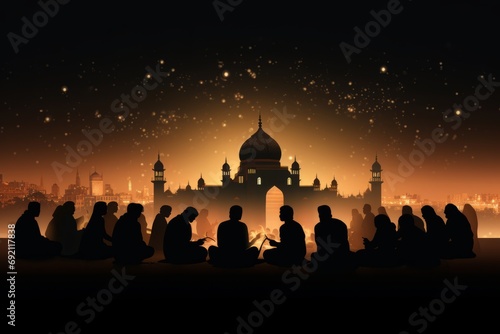 Serene Ramadan. Crescent Moon and Picturesque Mosque Silhouette in Starry Sky, Iftar Gathering