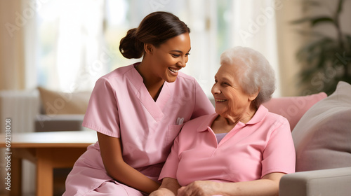 Beautiful young black medical nurse in light pink uniform helping an elderly senior old woman patient with gray hair smiling. Female pensioner post surgery assistance, home nursing caregiver 