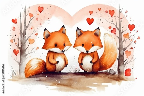 Watercolor greeting card for valentine day, cute fox love