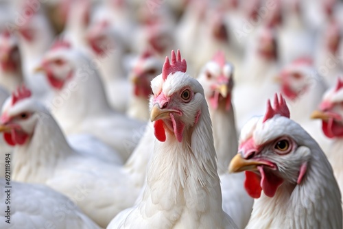 Enormous ecological chicken on a domestic farm, coexisting with factory raised chickens