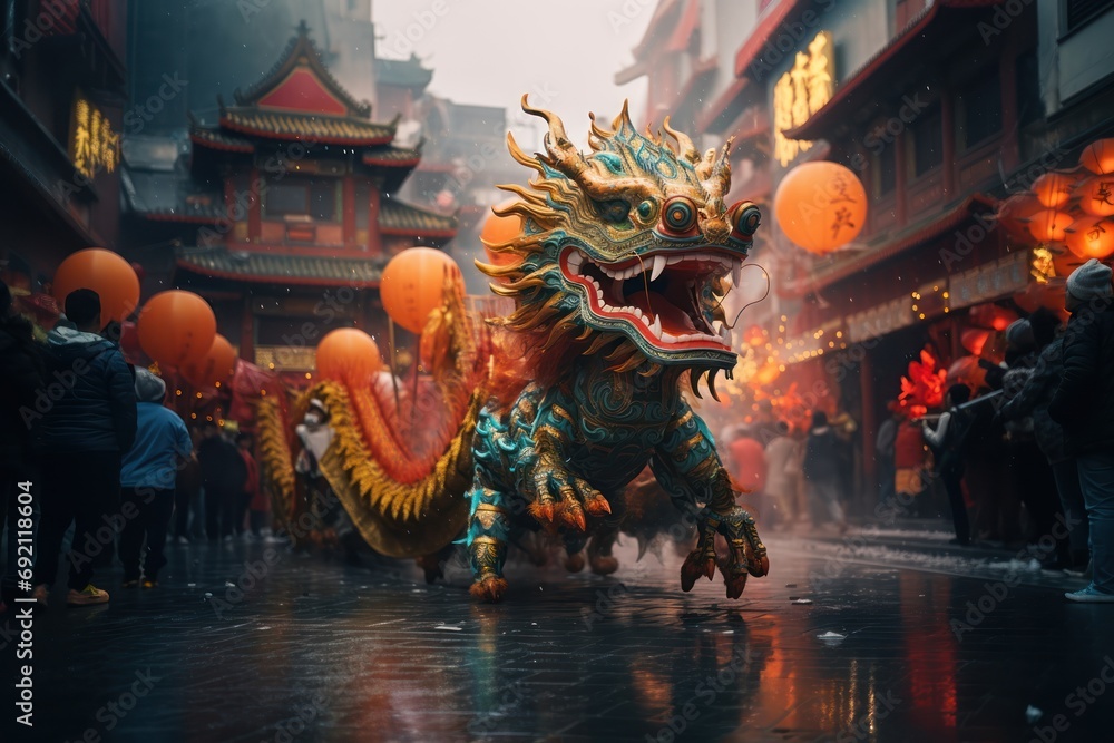 Chinese dragon as a character for the dragon dance at the Chinese New Year festival. Generative ai image - obrazy, fototapety, plakaty 