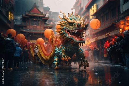 Chinese dragon as a character for the dragon dance at the Chinese New Year festival. Generative ai image © netdrimeny