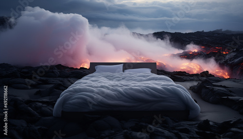 Comfy white master bed on the black ashes surrounded by volcano, lava and overcast sky. photo