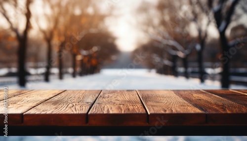 Snowy wooden table with falling snow and blurred forest background 16k super quality panoramic image