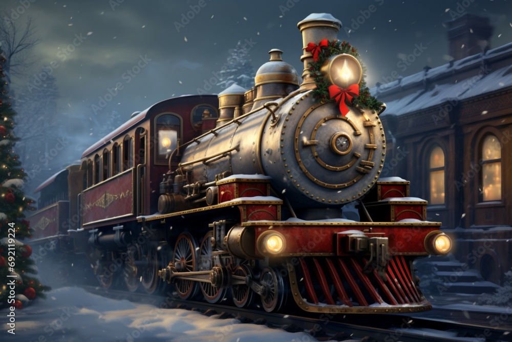 Christmas themed train traveling through a snowy winter landscape