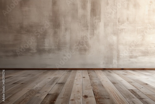 Empty room interior with concrete wall and wooden planks  creating a rustic atmosphere
