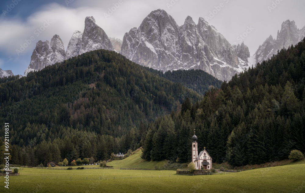 Church with mountains