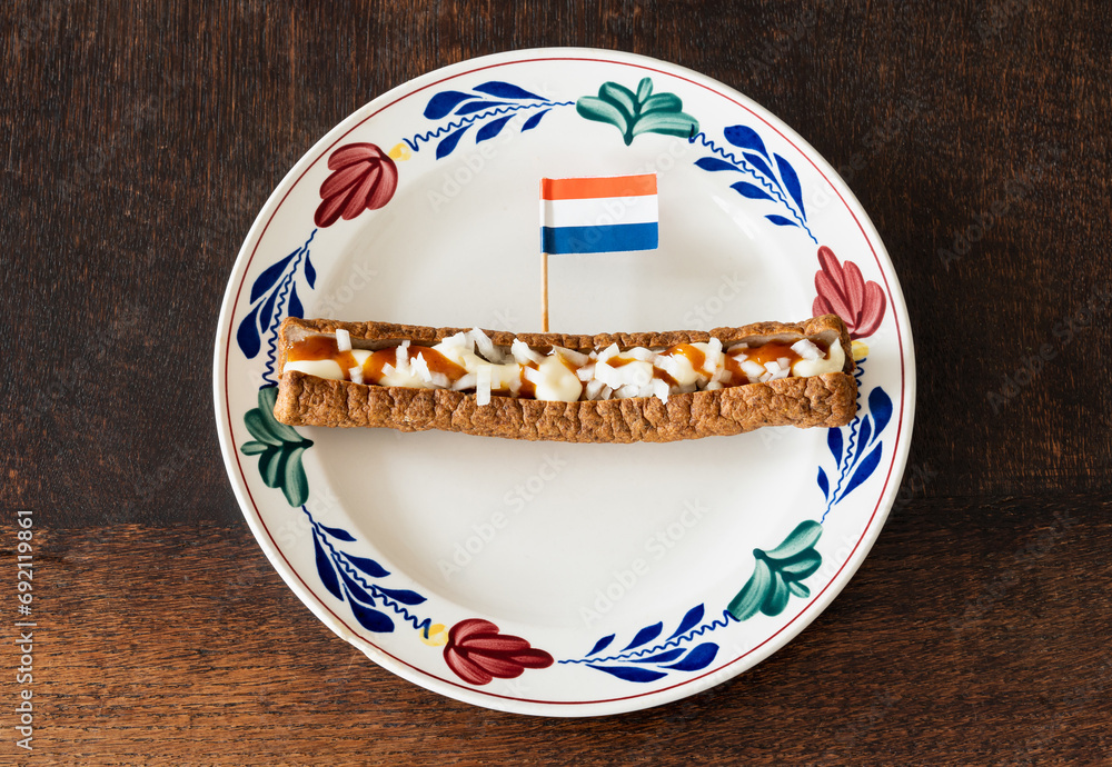 Frikandel speciaal, a traditional dutch fast food snack consisting of ...