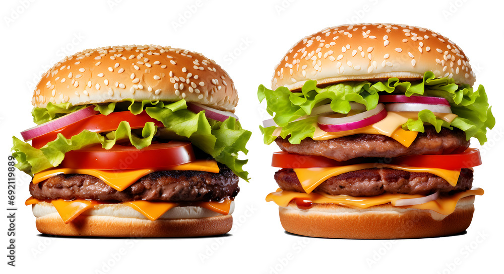 burger de taille normale à côté d'un double hamburger - fond transaprent burger de taille normale à côté d'un double hamburger - fond transaprent