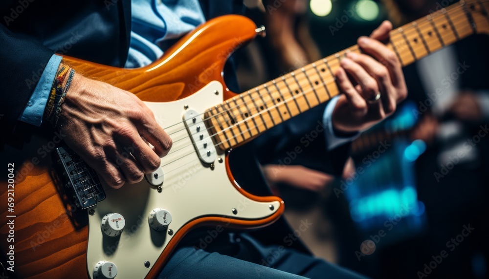 Obraz premium Dynamic music band performing on concert stage with blurred background and energetic guitarist