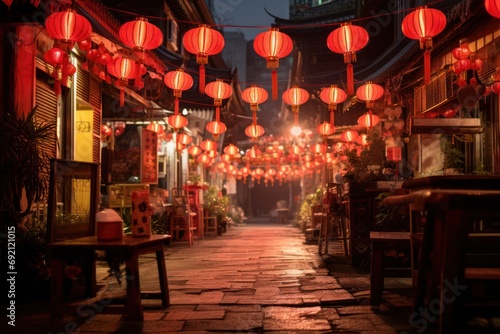Chinese traditional paper lanterns on the chinese street. Chinese celebraing new year. Year of the dragon. Generative ai image