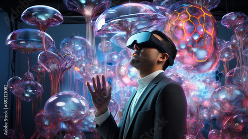 A futuristic rendering of a medical researcher wearing virtual reality goggles, immersed in a 3D representation of cellular structures, showcasing the integration of technology in © Наталья Евтехова
