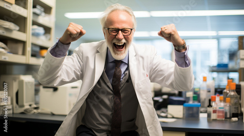 An emotionally charged image of a researcher celebrating a successful experiment  conveying the passion and dedication that drive breakthroughs in medical science.