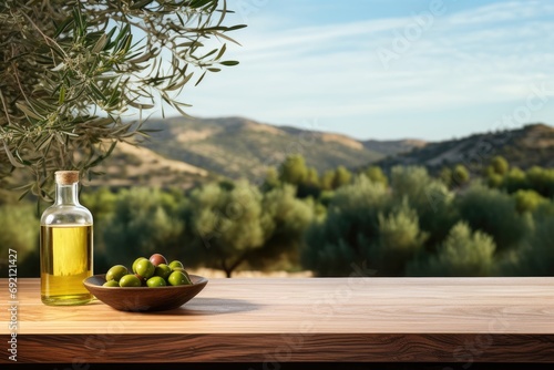 Old wooden product display table with natural green olive field and olive oil