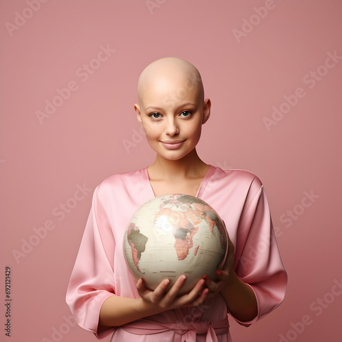 Beautiful Woman holding earth globe with Cancer Smiles world cancer day concept