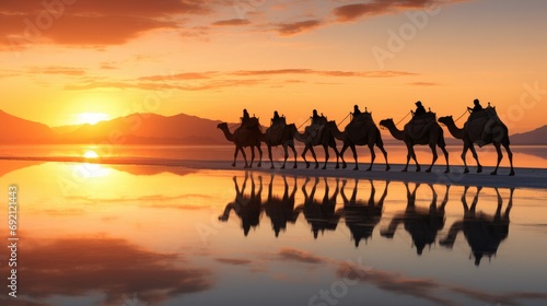Caravan of camels on the salt lake at sunrise. photo