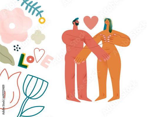 Valentine: Embrace of Love - modern flat vector concept illustration of a loving embrace between partners, accented with playful love icons and florals. Metaphor of shared affection, love, connection