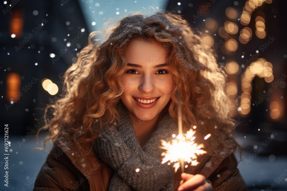 Young woman holding a sparkler in the Christmas season Young woman holding a sparkler in the Christmas season